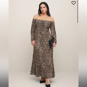 NEW Reformation Ballari Off Shoulder Leopard Print Crepe Midi Dress Plus 18
